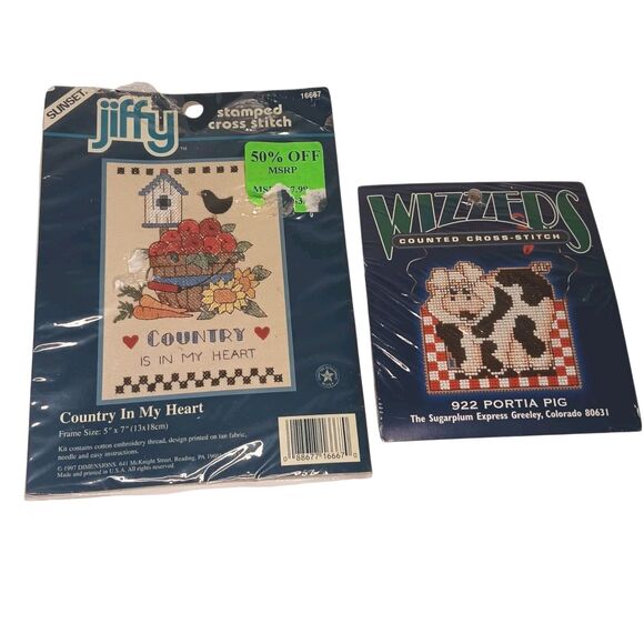 2 Vintage Cross Stitch Kits Wizzers Portia Pig & Jiffy Country Is In My Heart - Picture 1 of 6